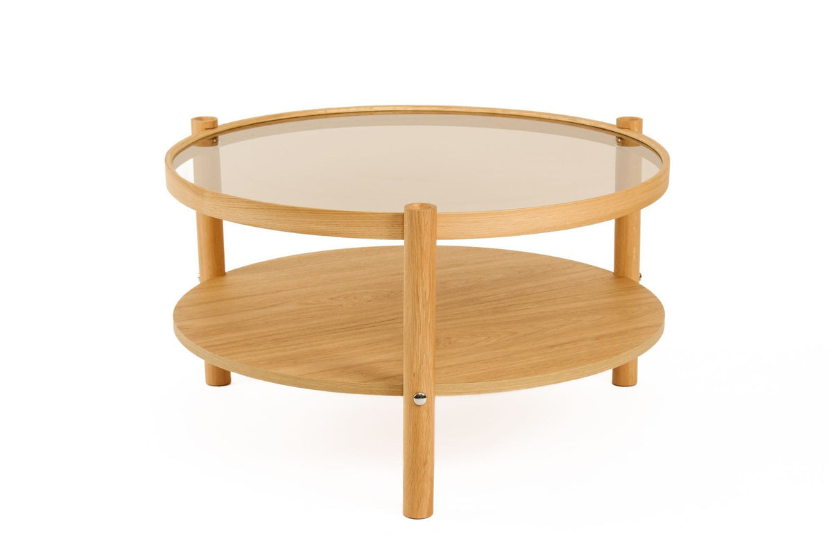Runder Couchtisch aus massivem Eichenholz mit Glasplatte, 80 cm breit, 80 cm tief, 48 cm hoch, Modell Monza 80 von Hanah Home.