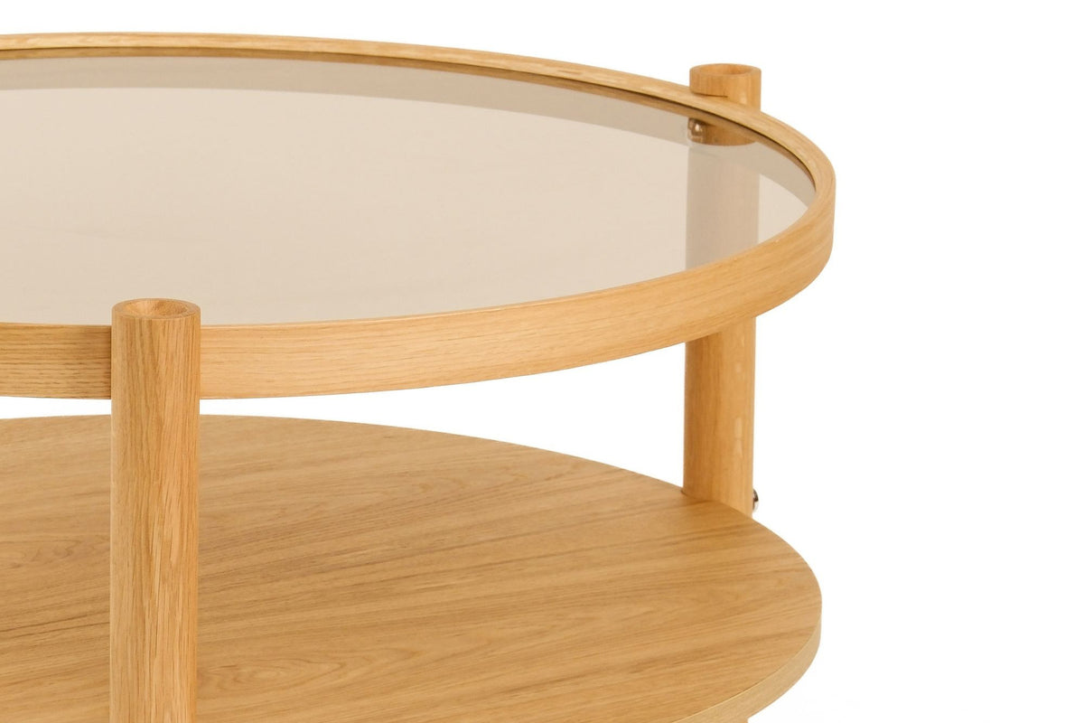 Runder Couchtisch aus massivem Eichenholz mit Glasplatte, 80 cm breit, 80 cm tief, 48 cm hoch, Modell Monza 80 von Hanah Home.
