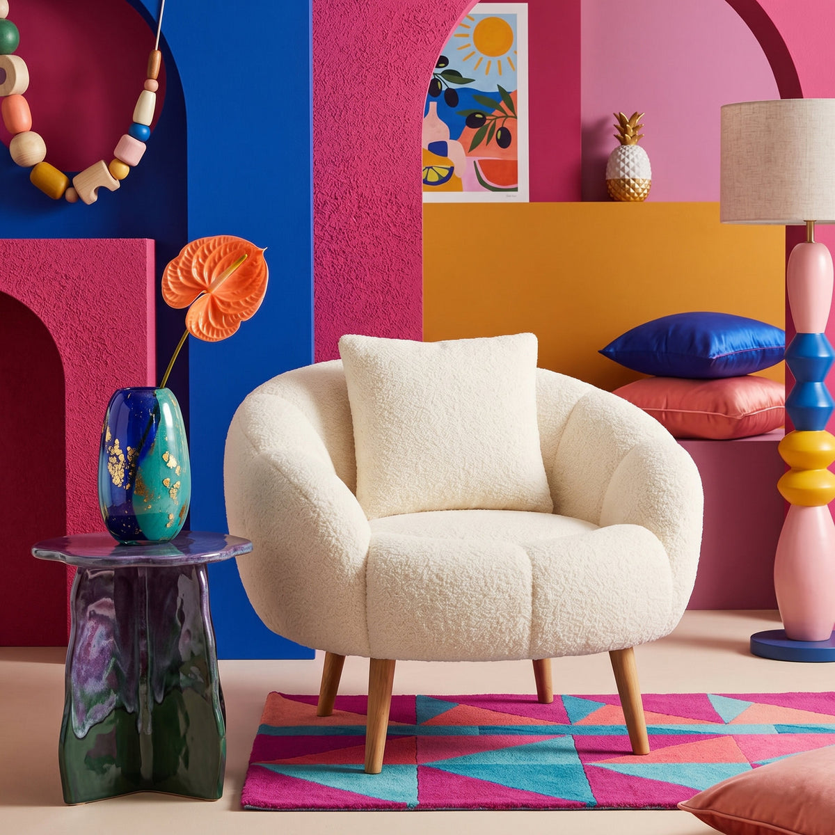 Weisser Ohrensessel Lida von Hanah Home mit Wellsoft-Bezug, geschwungener Rückenlehne und Beinen aus Eschenholz im Wing-Chair-Design.