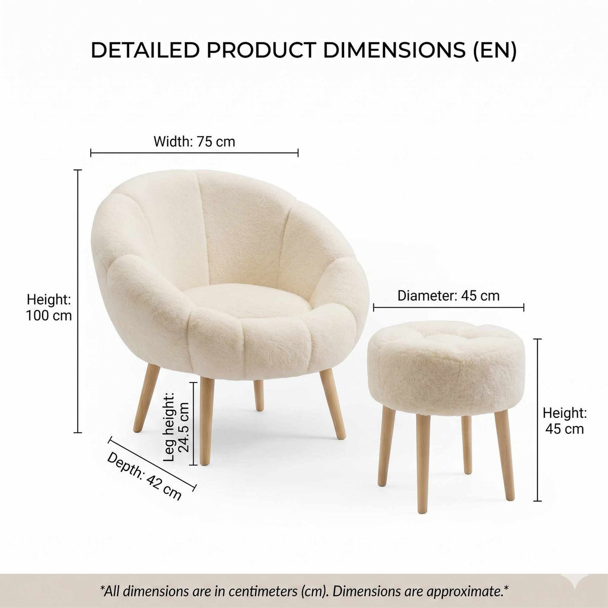 Cremefarbener Ohrensessel mit Flügeldesign und passendem runden Pouf, Bezug aus Wellsoft-Stoff, Beine aus Eschenholz.