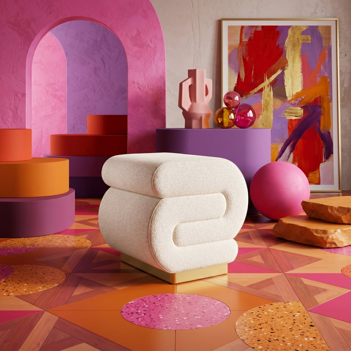 Cremefarbener Sally Pouf von Hanah Home mit bouclé-strukturiertem Polyesterstoff, Schaumstoffsitz und schlanken Metallbeinen, Grösse 40x42x42 cm.