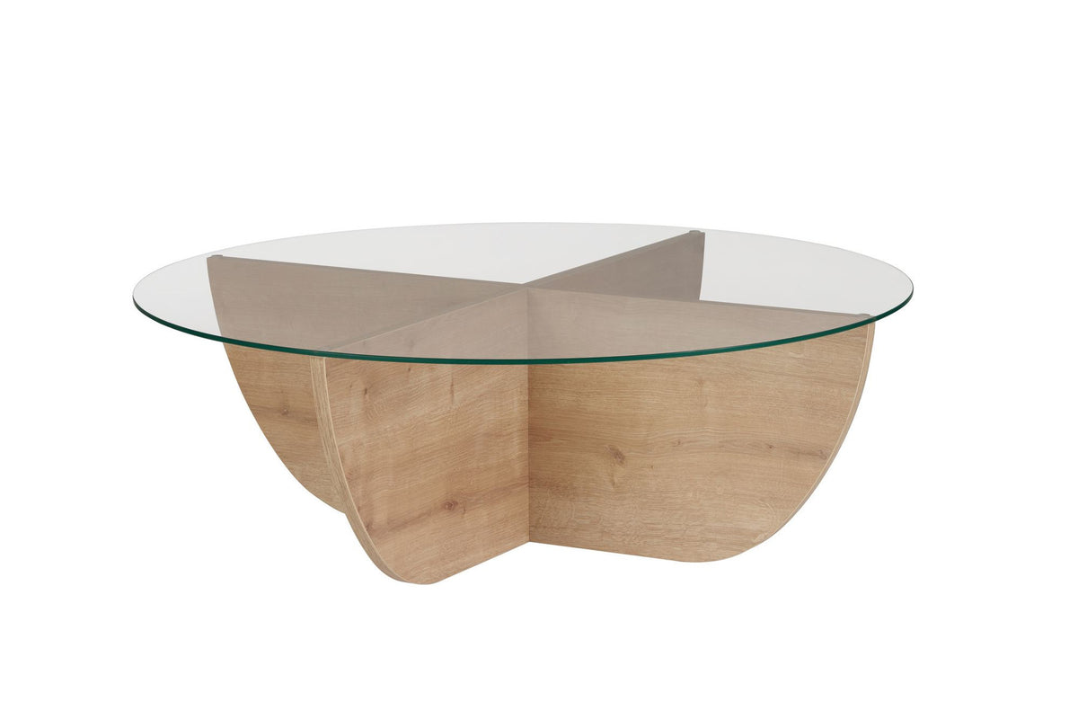 Couchtisch mit Glasplatte in Saphir-Eiche Optik und Gestell aus melaminbeschichteter Spanplatte, quadratische Form, 90 x 90 x 30 cm.