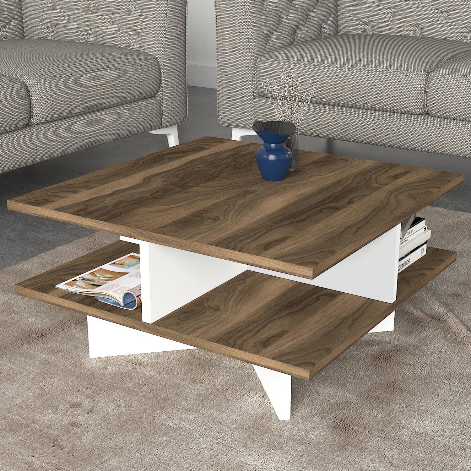 Hamton - Walnut, White in Walnuss Weiss präsentiert im Onlineshop von KAQTU Design AG. Beistelltisch ist von Hanah Home