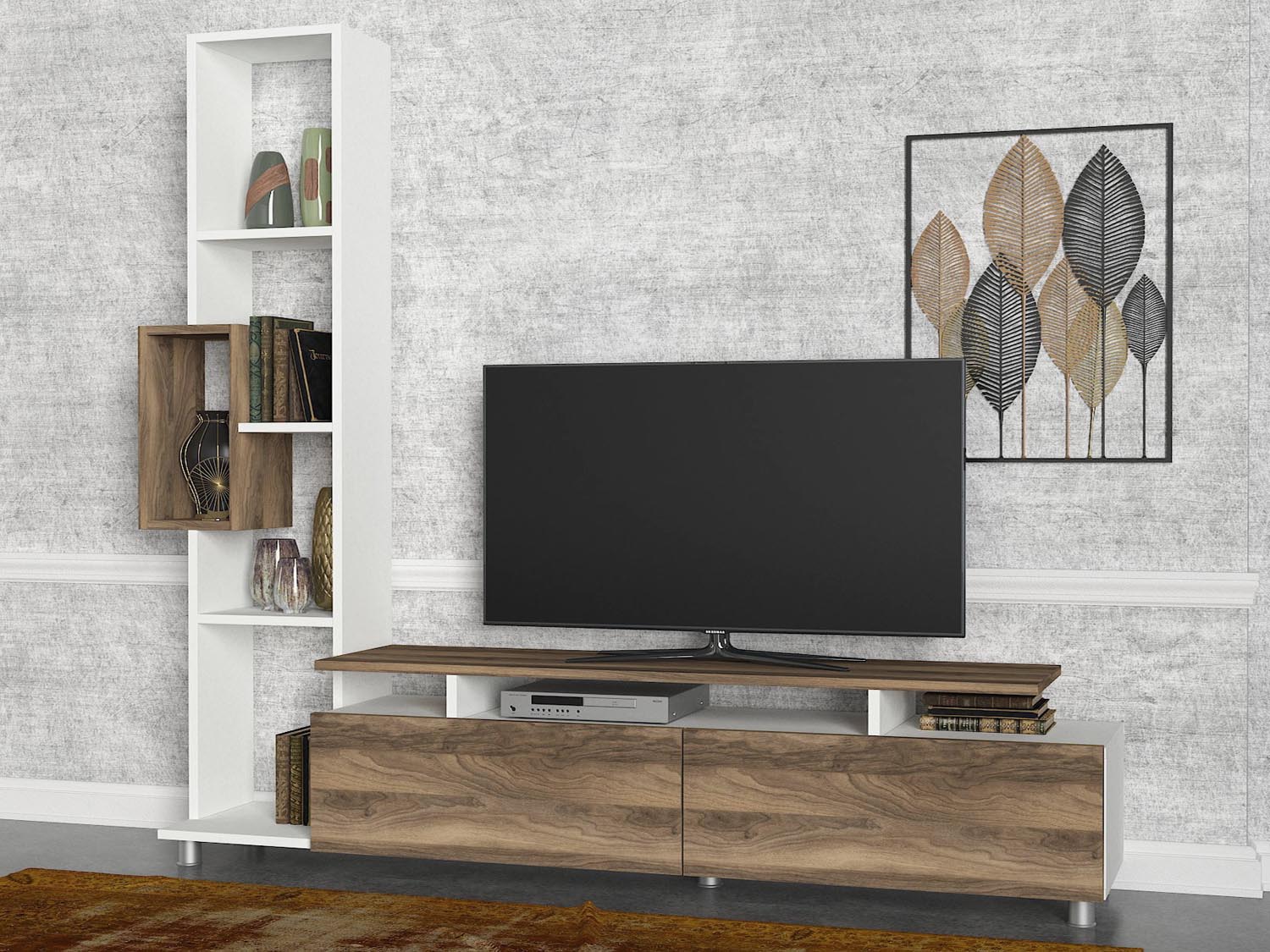 Verleihen Sie Ihrem Wohnzimmer mit dem Tulip TV-Möbel von Hanah Home in Weiß und Walnuss einen modernen, skandinavischen Touch. Ideal für Ordnung und Stil.