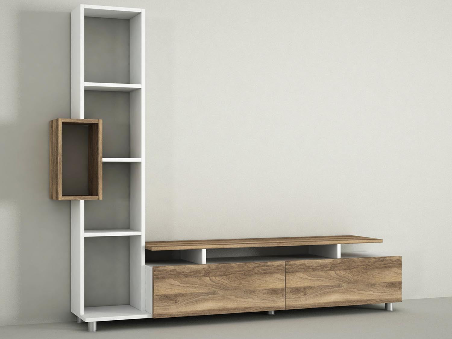 Verleihen Sie Ihrem Wohnraum mit dem stilvollen Tulip TV-Möbel von Hanah Home in Weiß und Walnuss einen modernen Akzent. Ideal für Ordnung und Eleganz.