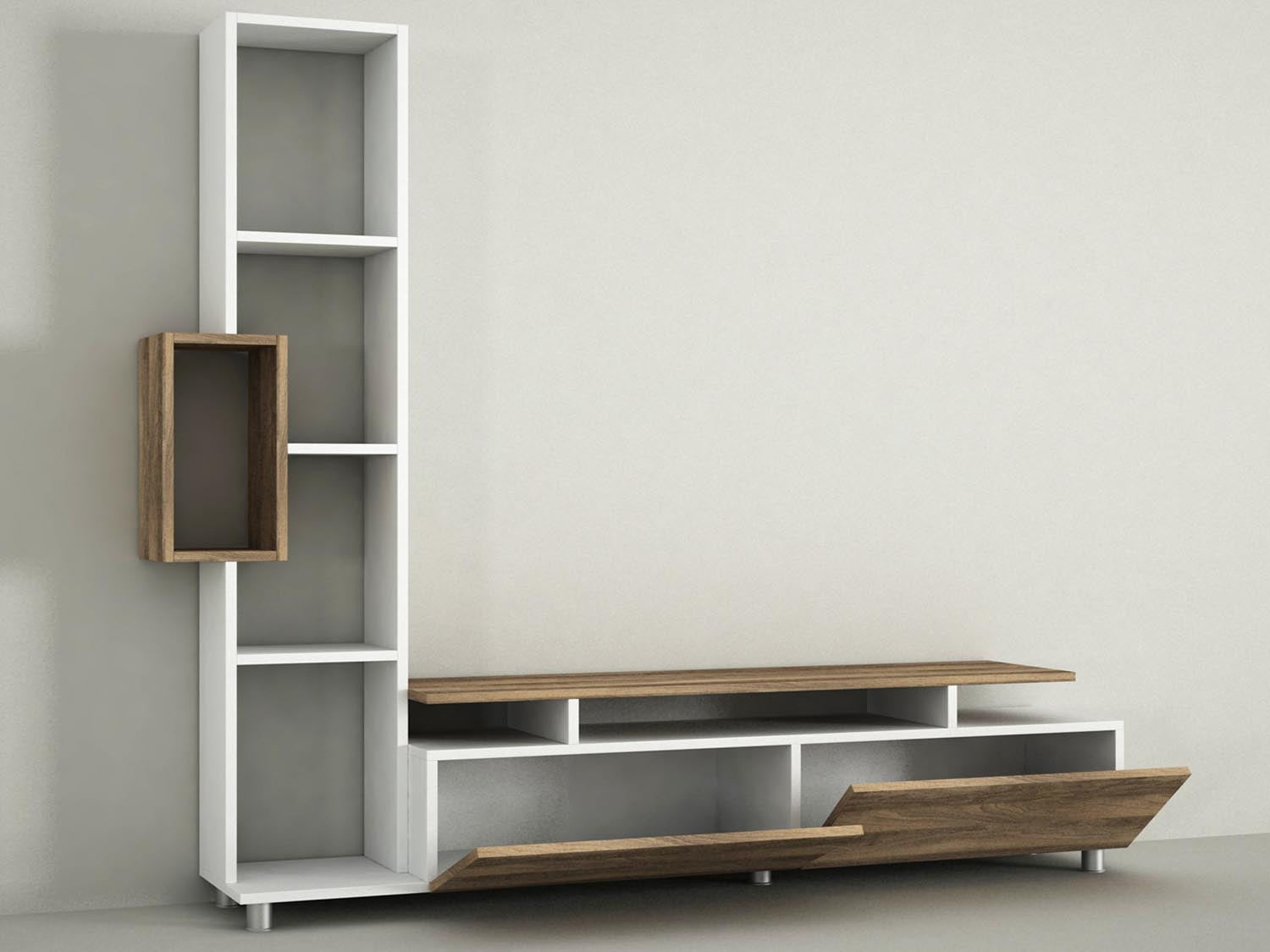 Entdecken Sie das Tulip TV-Möbel von Hanah Home in Weiß und Walnuss. Stilvolles Design trifft auf praktischen Stauraum für Ihr Wohnzimmer.