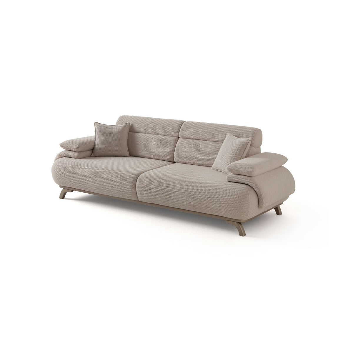 Beiges 3-Sitzer-Sofa mit Polyesterstoff in Tuna-Struktur, Holzbeinen und abnehmbarem Rückenkissen, Frontalansicht auf hellem Hintergrund.