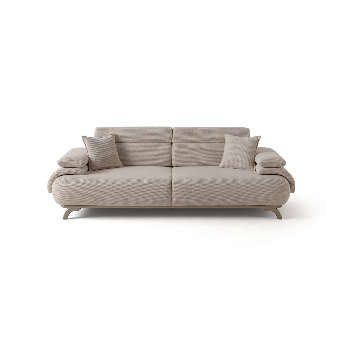 Beiges 3-Sitzer-Sofa mit Polyesterstoff in Tuna-Struktur, Holzbeinen und abnehmbarem Rückenkissen, Frontalansicht auf hellem Hintergrund.