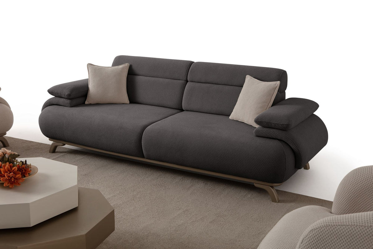 Anthrazitfarbenes 3-Sitzer-Sofa Bonjo Silver mit Polyesterbezug in Tuna-Struktur, Holzbeinen und abnehmbarem Rückenkissen von Hanah Home