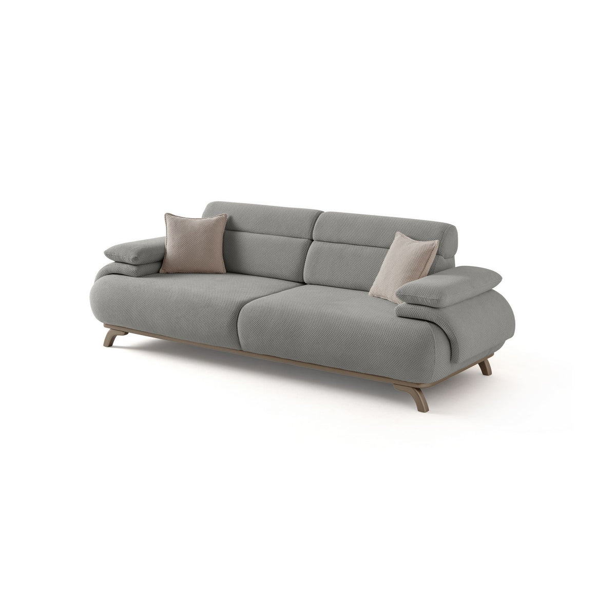 Graues 3-Sitzer-Sofa Bonjo Silver von Hanah Home mit Polyester-Stoffbezug, Holzbeinen und abnehmbarem Rückenkissen, Frontalansicht.