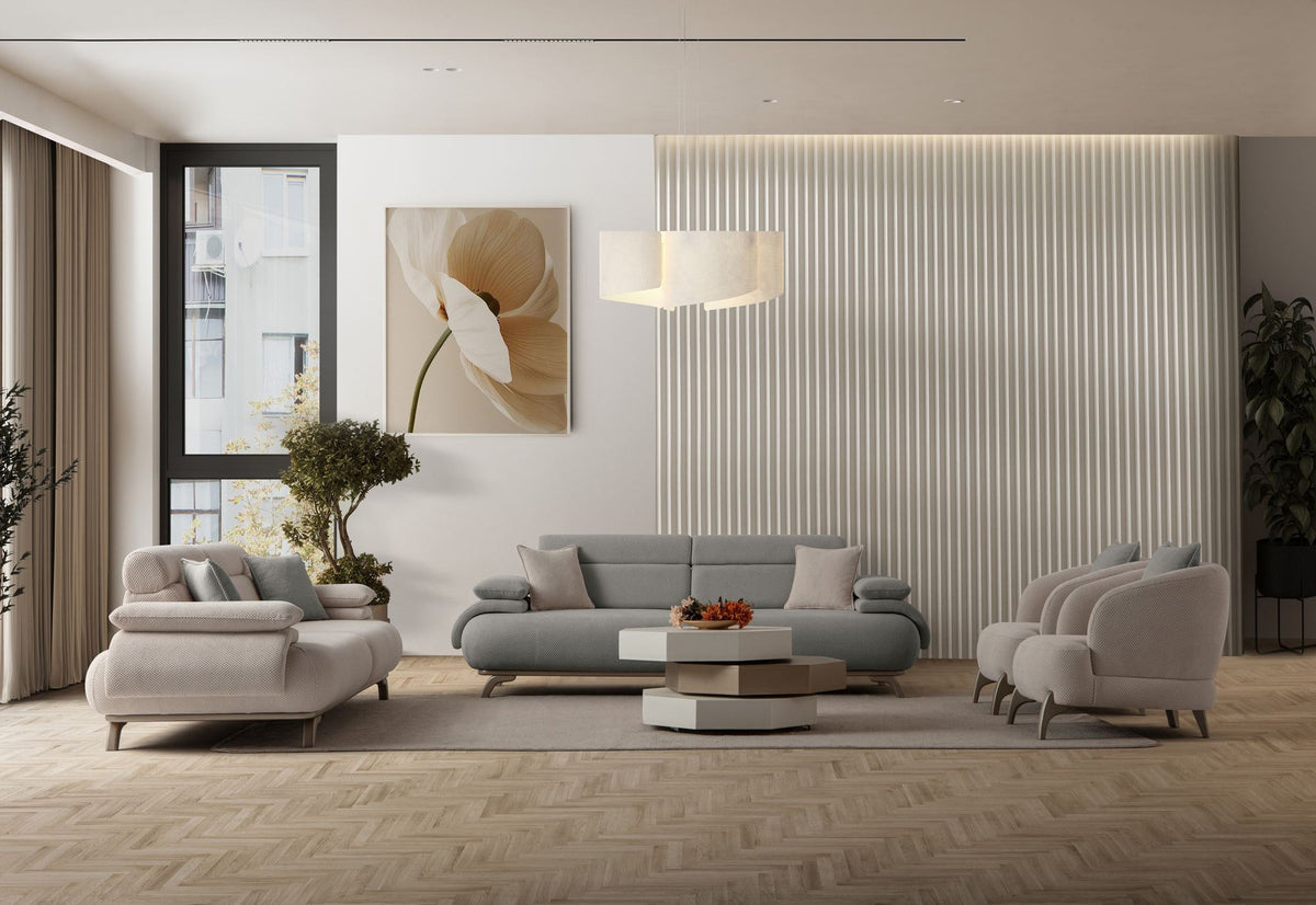 Graues 3-Sitzer-Sofa Bonjo Silver von Hanah Home mit Polyester-Stoffbezug, Holzbeinen und abnehmbarem Rückenkissen, Frontalansicht.