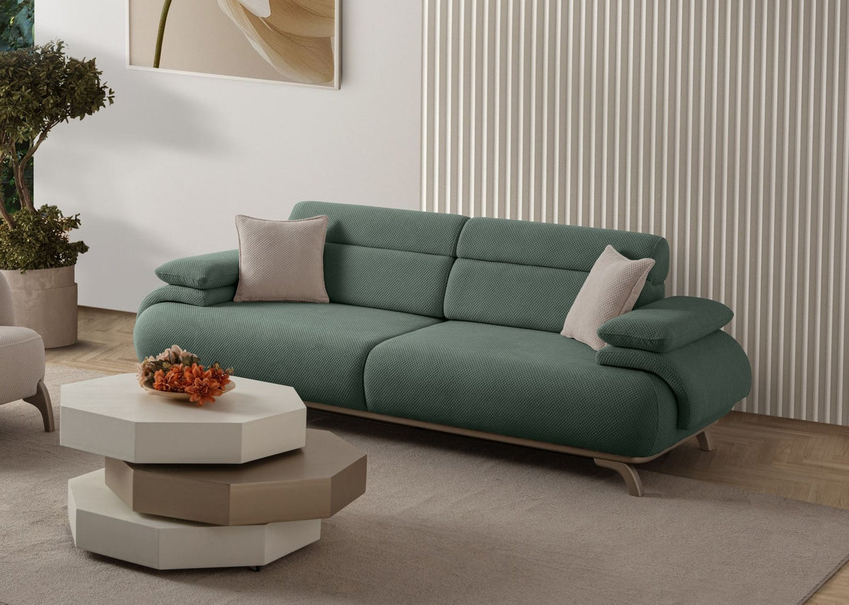 Grünes 3-Sitzer-Sofa Bonjo Silver mit Polyester-Bezug, Holzbeinen und abnehmbarem Rückenkissen, Gestell aus Hainbuche und Spanplatte.