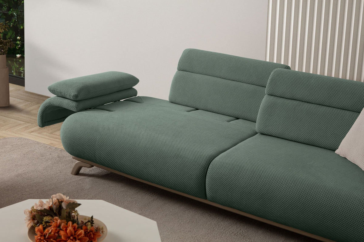 Grünes 3-Sitzer-Sofa Bonjo Silver mit Polyester-Bezug, Holzbeinen und abnehmbarem Rückenkissen, Gestell aus Hainbuche und Spanplatte.