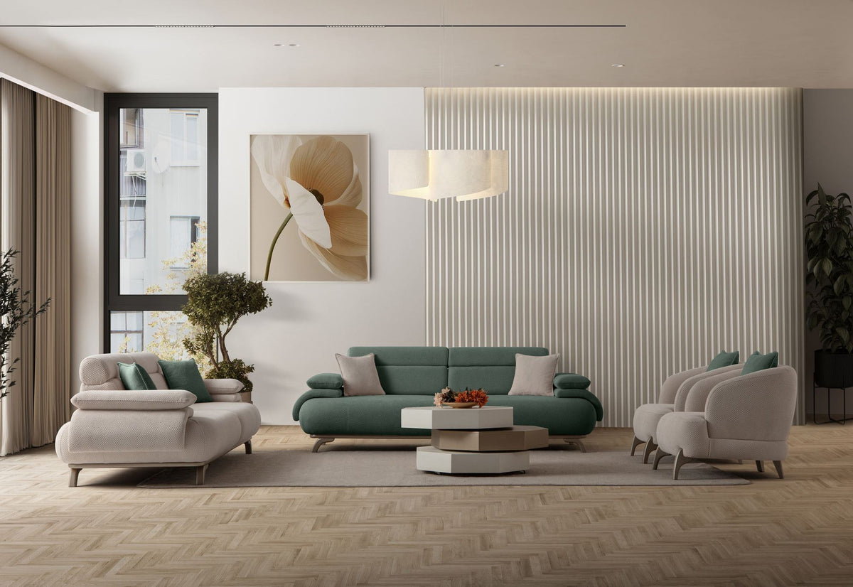 Grünes 3-Sitzer-Sofa Bonjo Silver mit Polyester-Bezug, Holzbeinen und abnehmbarem Rückenkissen, Gestell aus Hainbuche und Spanplatte.
