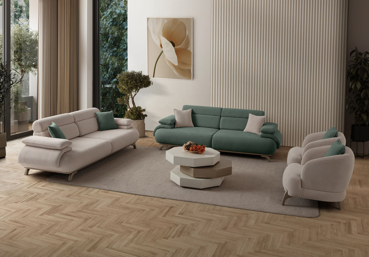 Grünes 3-Sitzer-Sofa Bonjo Silver mit Polyester-Bezug, Holzbeinen und abnehmbarem Rückenkissen, Gestell aus Hainbuche und Spanplatte.