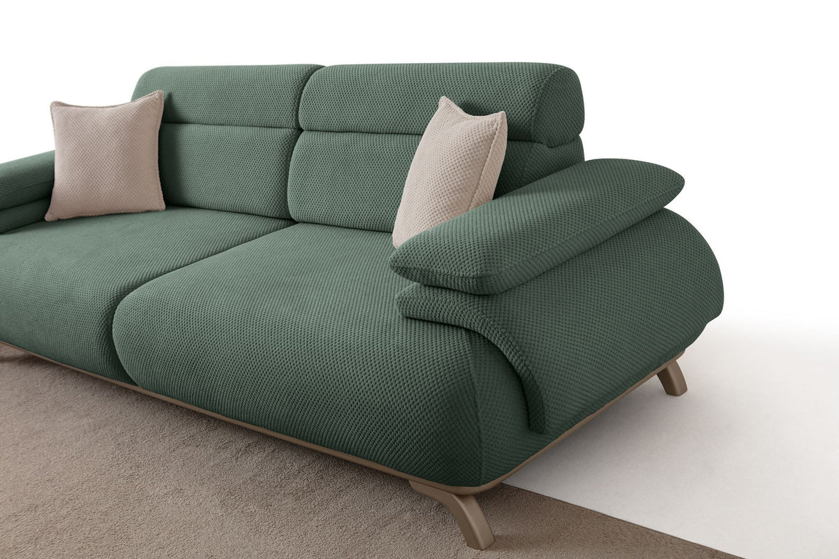 Grünes 3-Sitzer-Sofa Bonjo Silver mit Polyester-Bezug, Holzbeinen und abnehmbarem Rückenkissen, Gestell aus Hainbuche und Spanplatte.