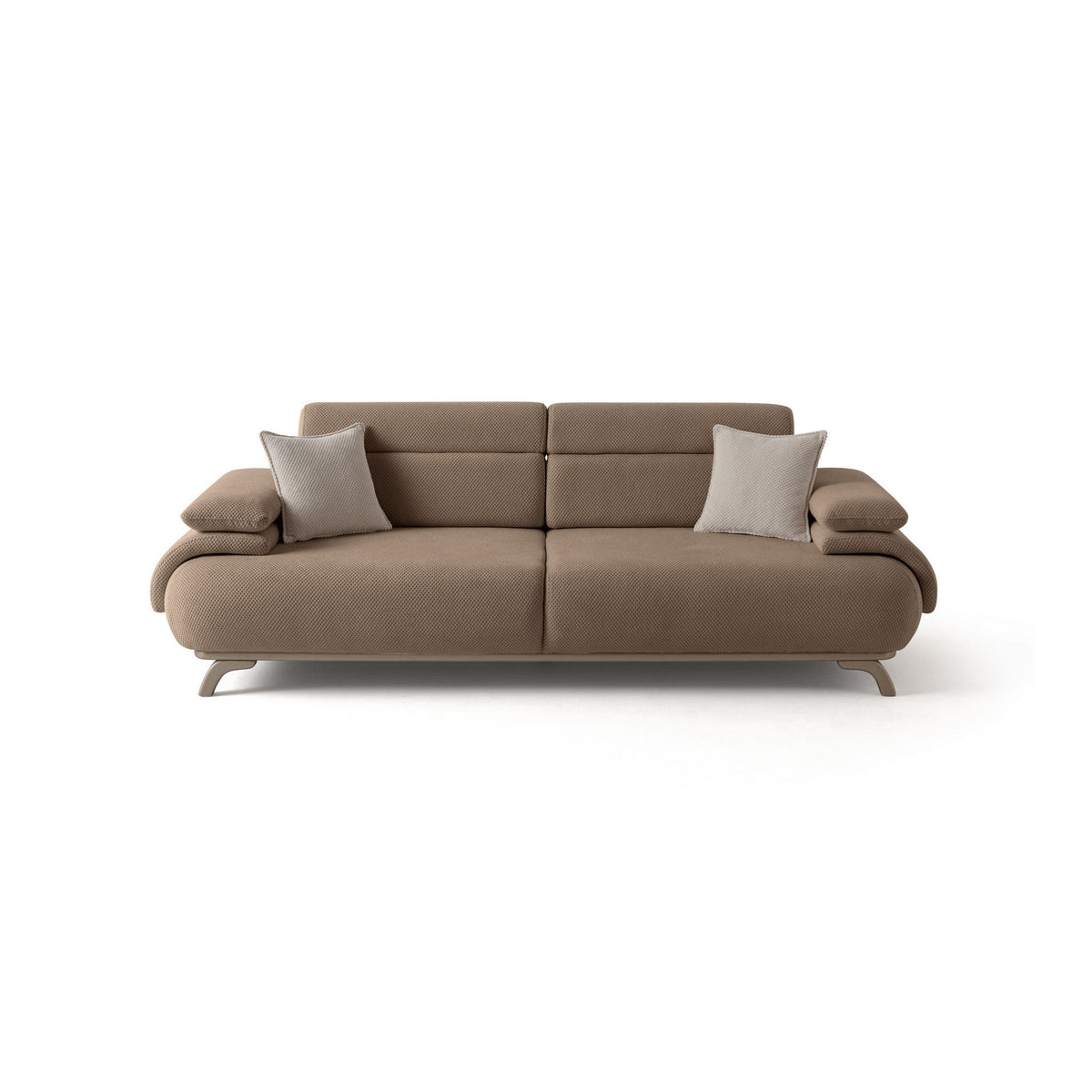Bonjo Silver 3-Sitzer-Sofa in Latte mit Polyesterbezug, Holzbeinen und abnehmbarem Rückenkissen, zwei Kissen auf der Sitzfläche.