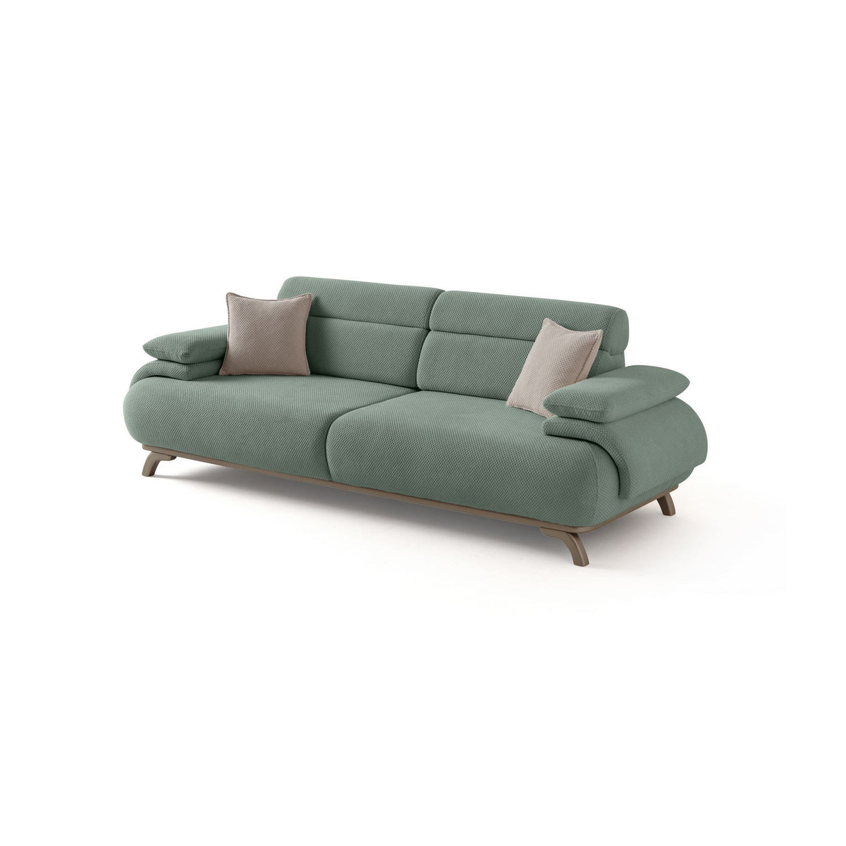 Seegrünes 3-Sitzer-Sofa Bonjo Silver von Hanah Home mit Polyesterbezug, Holzbeinen und zwei losen Kissen, Frontalansicht des Möbelstücks.