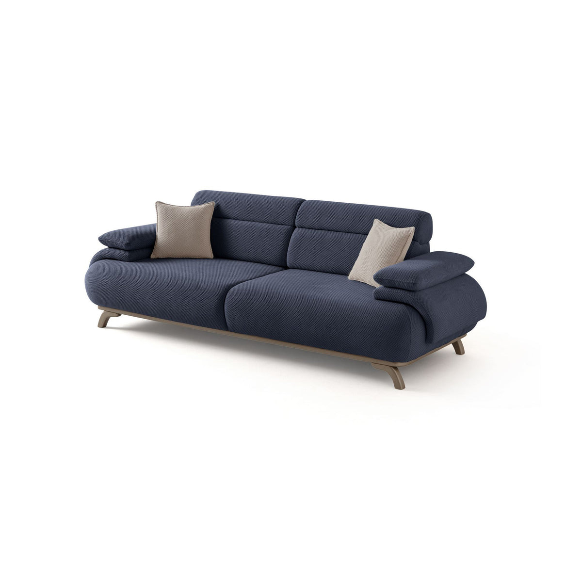 Marineblaues 3-Sitzer-Sofa mit Polyesterbezug, Holzbeinen und abnehmbarem Rückenkissen, fotografiert vor hellem Hintergrund.