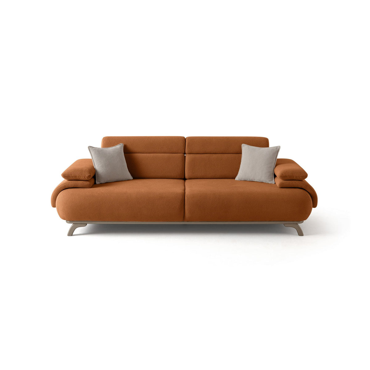 Ziegelrotes 3-Sitzer-Sofa mit Polyesterbezug in Tuna-Struktur, Holzbeinen und abnehmbarem Rückenkissen, zwei Zierkissen auf der Sitzfläche