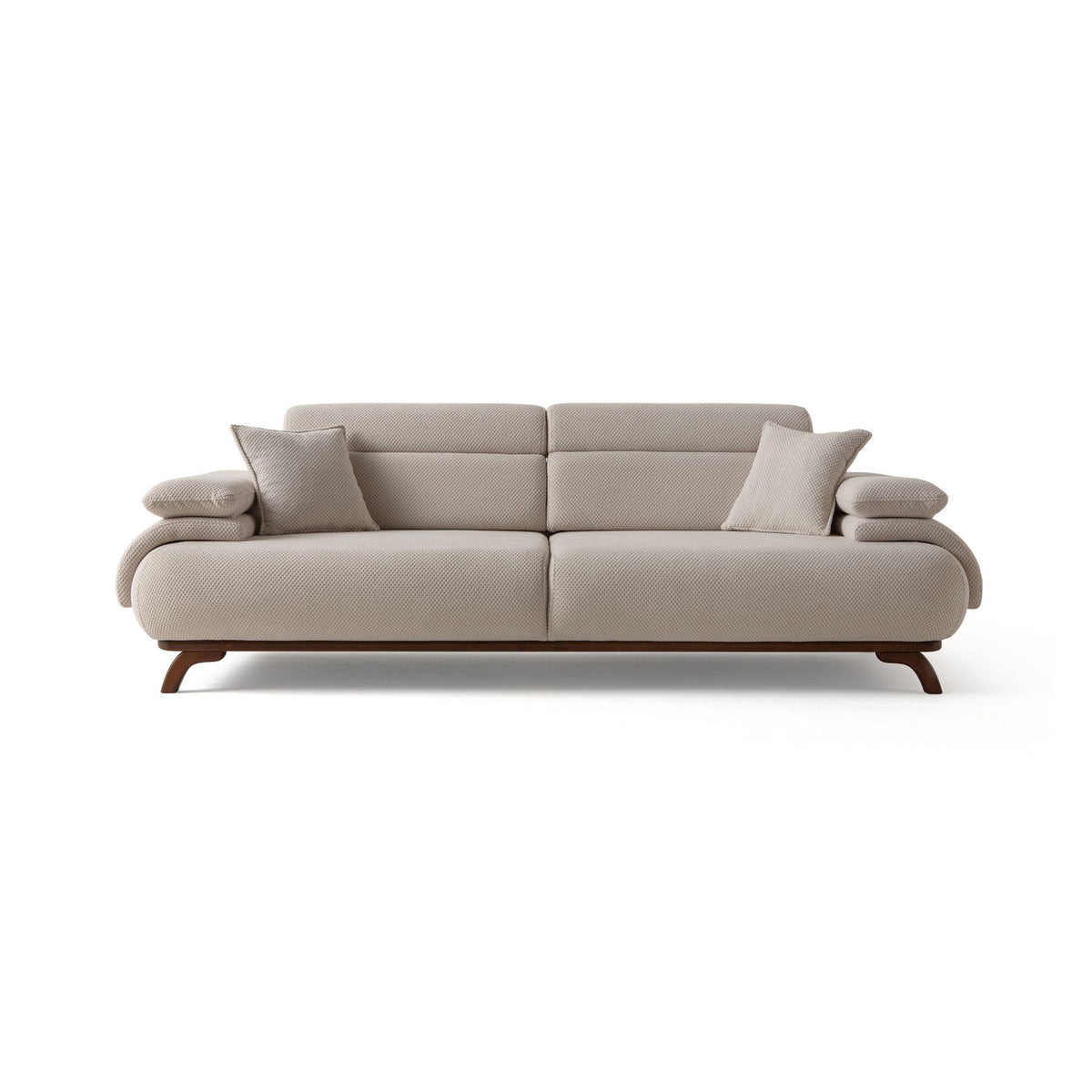 Beiges 3-Sitzer Sofa mit Polyester-Bezug in Tuna-Struktur, Holzbeinen und abnehmbarem Rückenkissen, Gestell aus Hainbuche und Spanplatte.