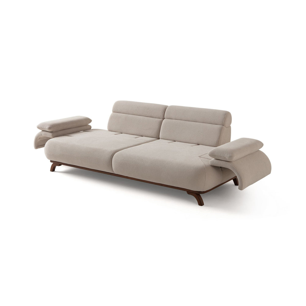 Beiges 3-Sitzer Sofa mit Polyester-Bezug in Tuna-Struktur, Holzbeinen und abnehmbarem Rückenkissen, Gestell aus Hainbuche und Spanplatte.