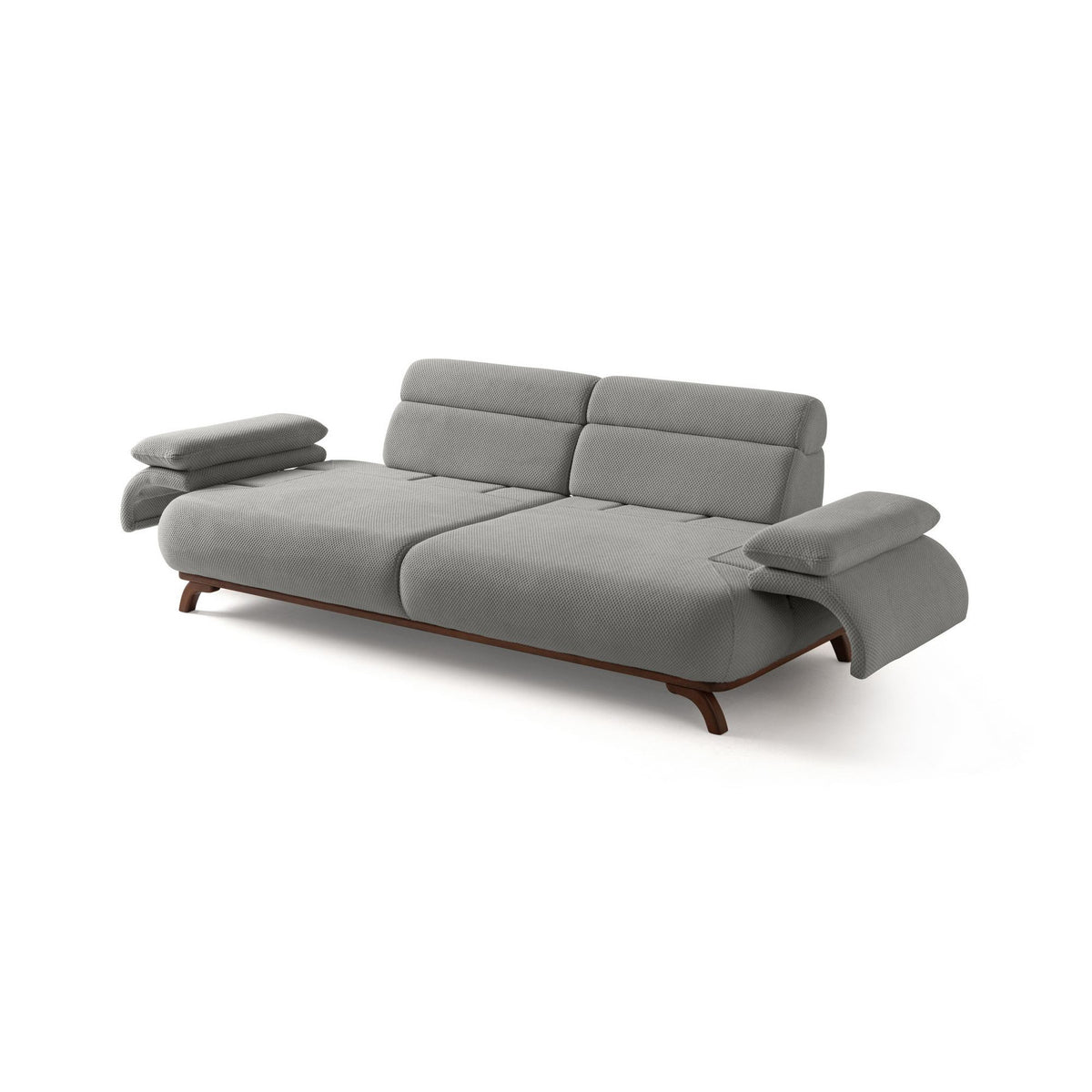 Graues 3-Sitzer Sofa Bonjo aus Polyesterstoff mit Tuna-Struktur, Gestell aus Hainbuche und Spanplatte, mit schlanken Holzbeinen und zwei Kissen.