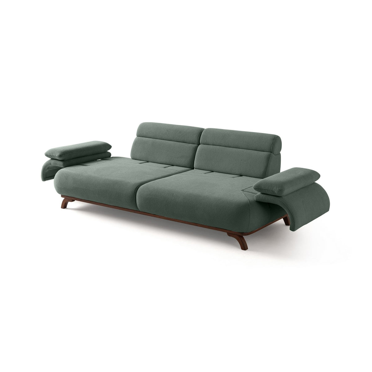 Grünes 3-Sitzer Sofa Bonjo aus Polyesterstoff mit Holzbeinen, Gestell aus Hainbuche, zwei Kissen, Rückenkissen abnehmbar.