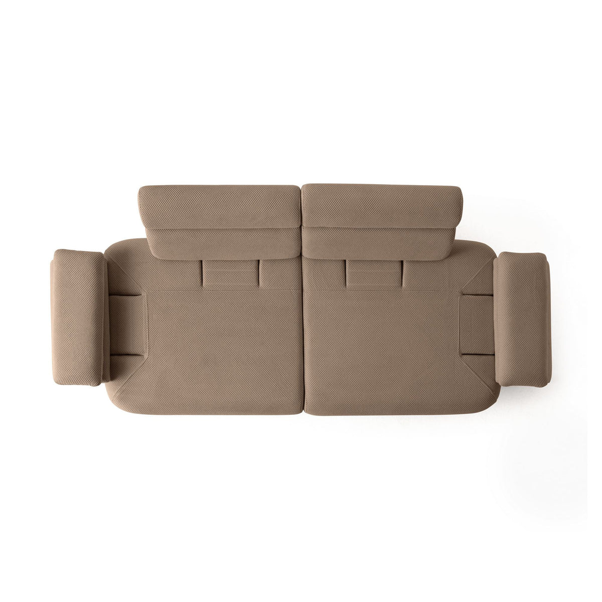 Dreisitzer-Sofa Bonjo in Latte mit Polyesterbezug in Tuna-Struktur, schlanken Holzbeinen und abnehmbarem Rückenkissen, Frontalansicht.