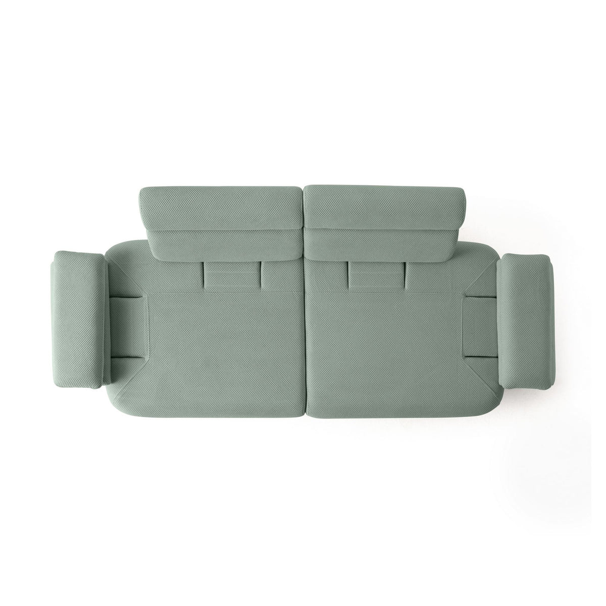 Seegrünes 3-Sitzer Sofa Bonjo von Hanah Home mit Holzbeinen, Polyesterbezug in Tuna-Struktur und zwei losen Kissen auf hellem Hintergrund.