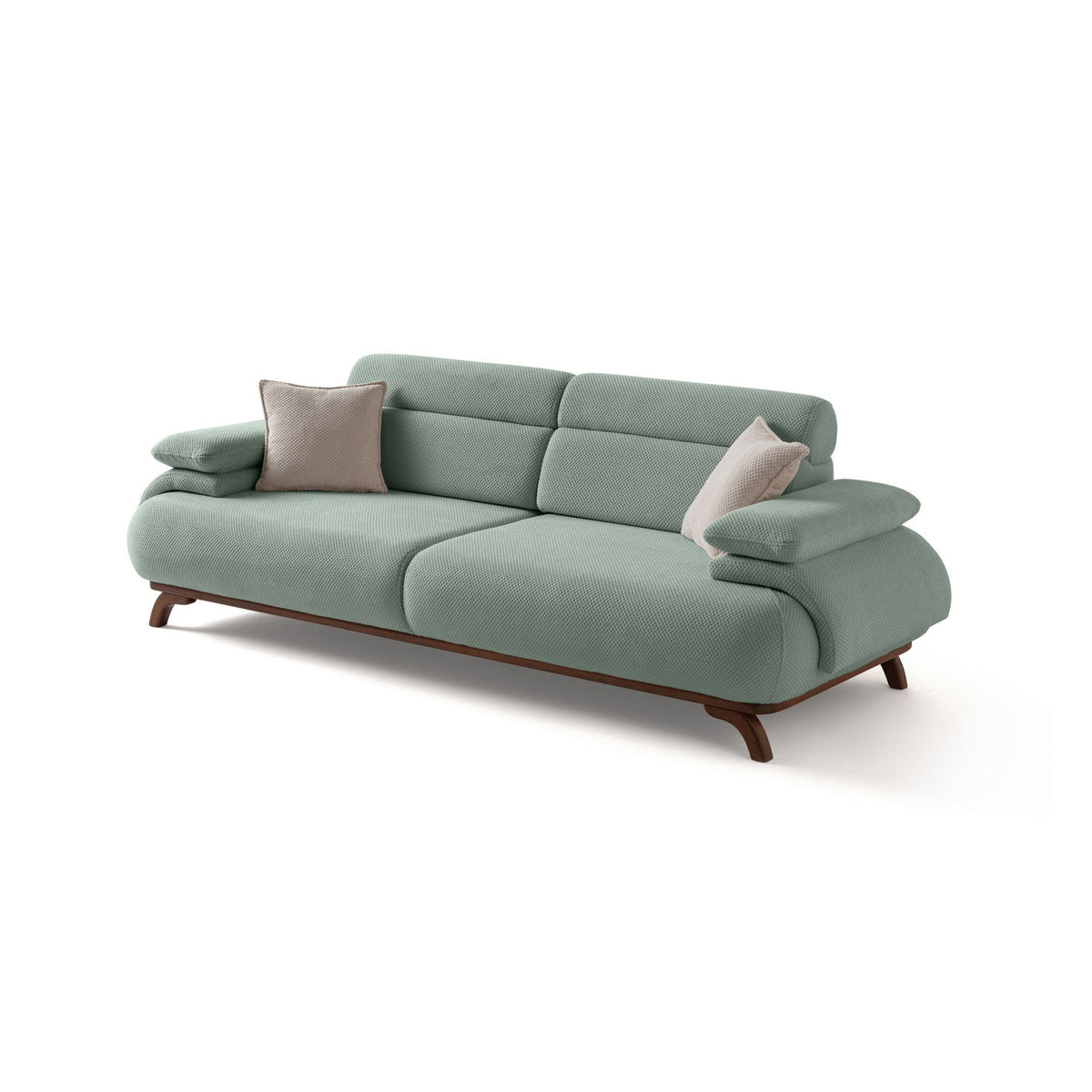 Seegrünes 3-Sitzer Sofa Bonjo von Hanah Home mit Holzbeinen, Polyesterbezug in Tuna-Struktur und zwei losen Kissen auf hellem Hintergrund.