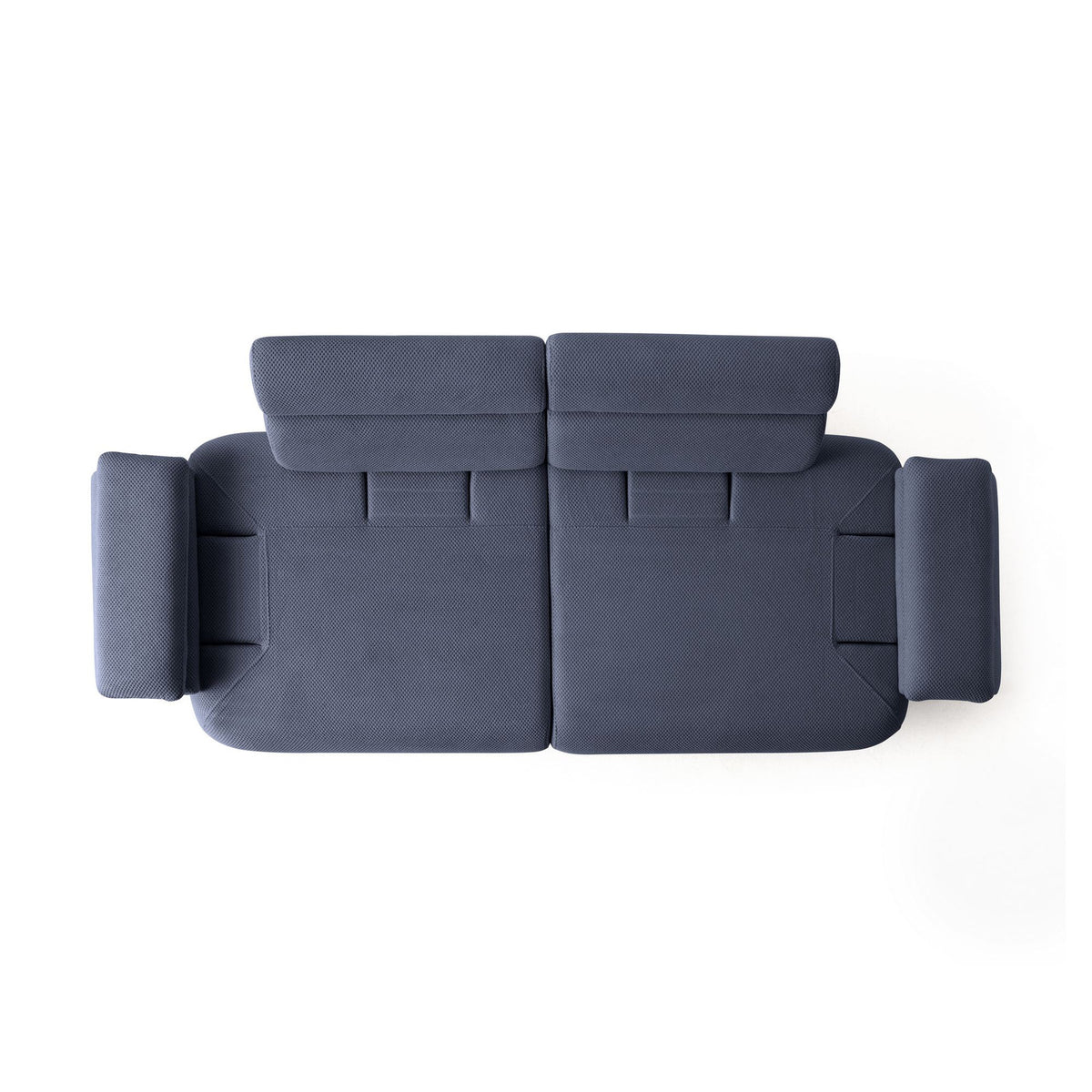 Marineblaues 3-Sitzer Sofa Bonjo von Hanah Home mit Holzbeinen, Polyester-Bezug in Tuna-Struktur und zwei losen Kissen.