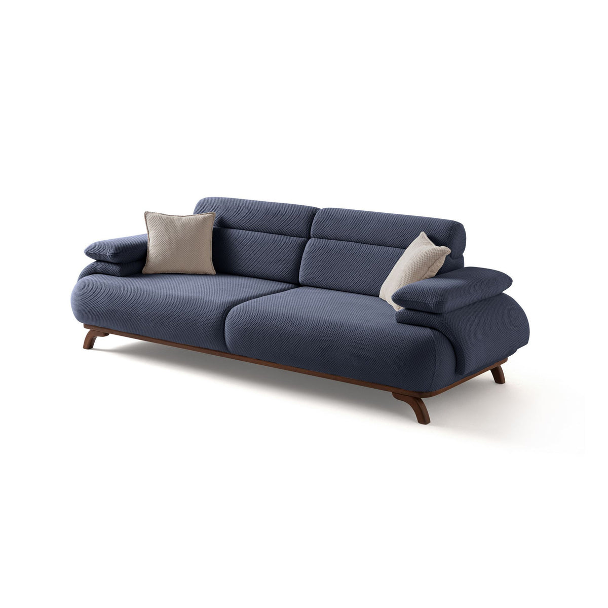 Marineblaues 3-Sitzer Sofa Bonjo von Hanah Home mit Holzbeinen, Polyester-Bezug in Tuna-Struktur und zwei losen Kissen.