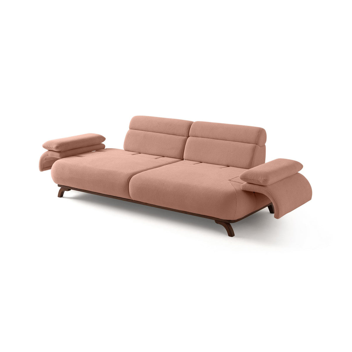 Puderfarbenes 3-Sitzer Sofa Bonjo von Hanah Home mit Polyesterbezug, Holzbeinen und zwei losen Kissen, Frontalansicht auf hellem Hintergrund.