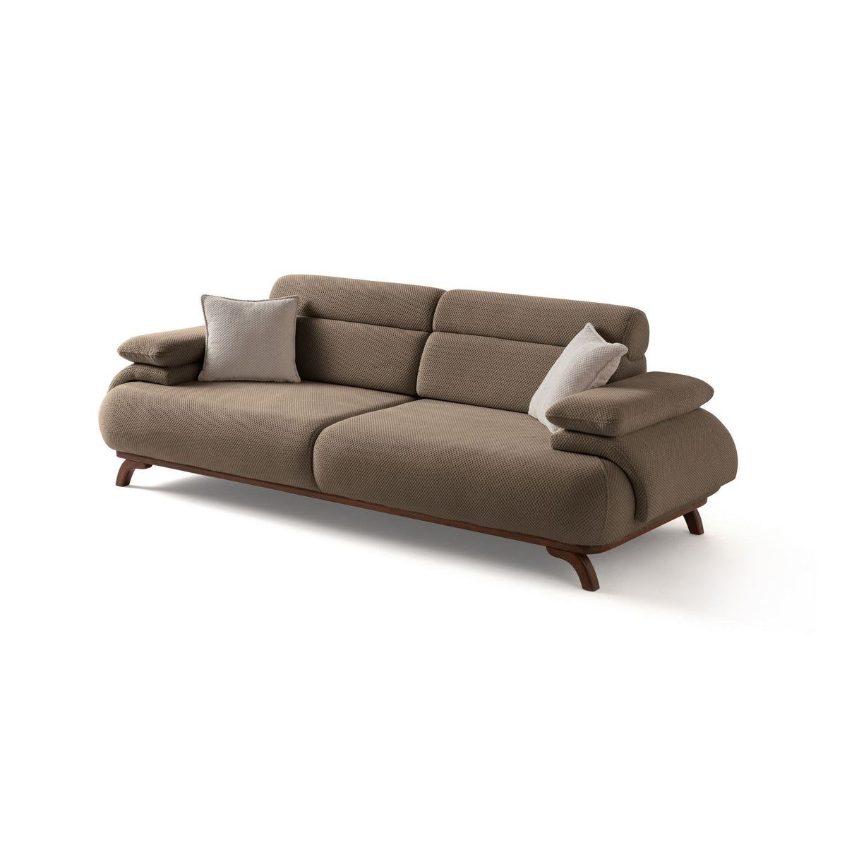 Braunes 3-Sitzer Sofa Bonjo von Hanah Home in Erdton, Bezugsstoff aus Polyester mit Tuna-Struktur, Holzbeine, 246 cm breit und 97 cm tief.