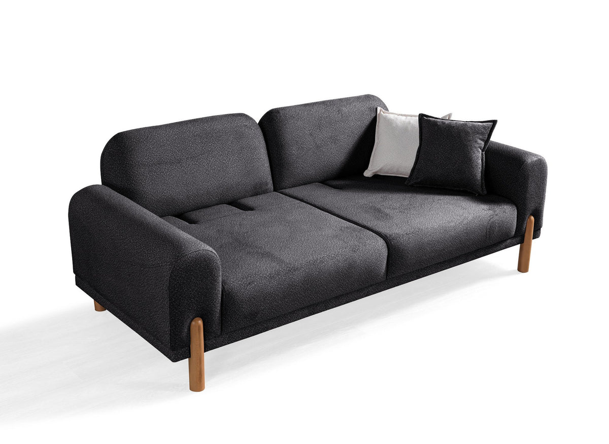 Anthrazitfarbenes 3-Sitzer Schlafsofa Class Bohem von Hanah Home mit Bouclé-Bezug, Holzbeinen und verstellbaren Armlehnen.