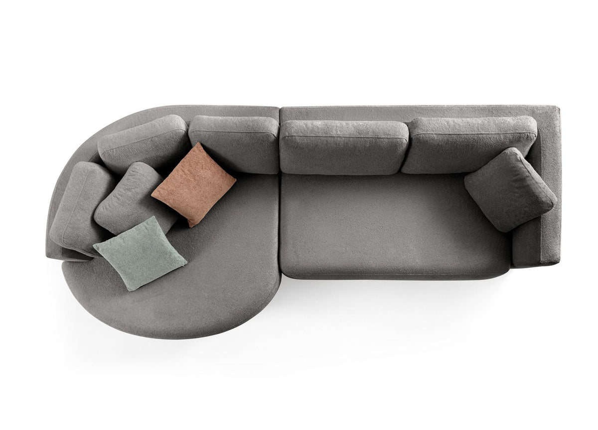 Anthrazitfarbenes Ecksofa Venezia links mit Lounge-Modul, 2-Sitzer-Modul, Kunststoffbeinen und neun Kissen, Polyesterstoff.
