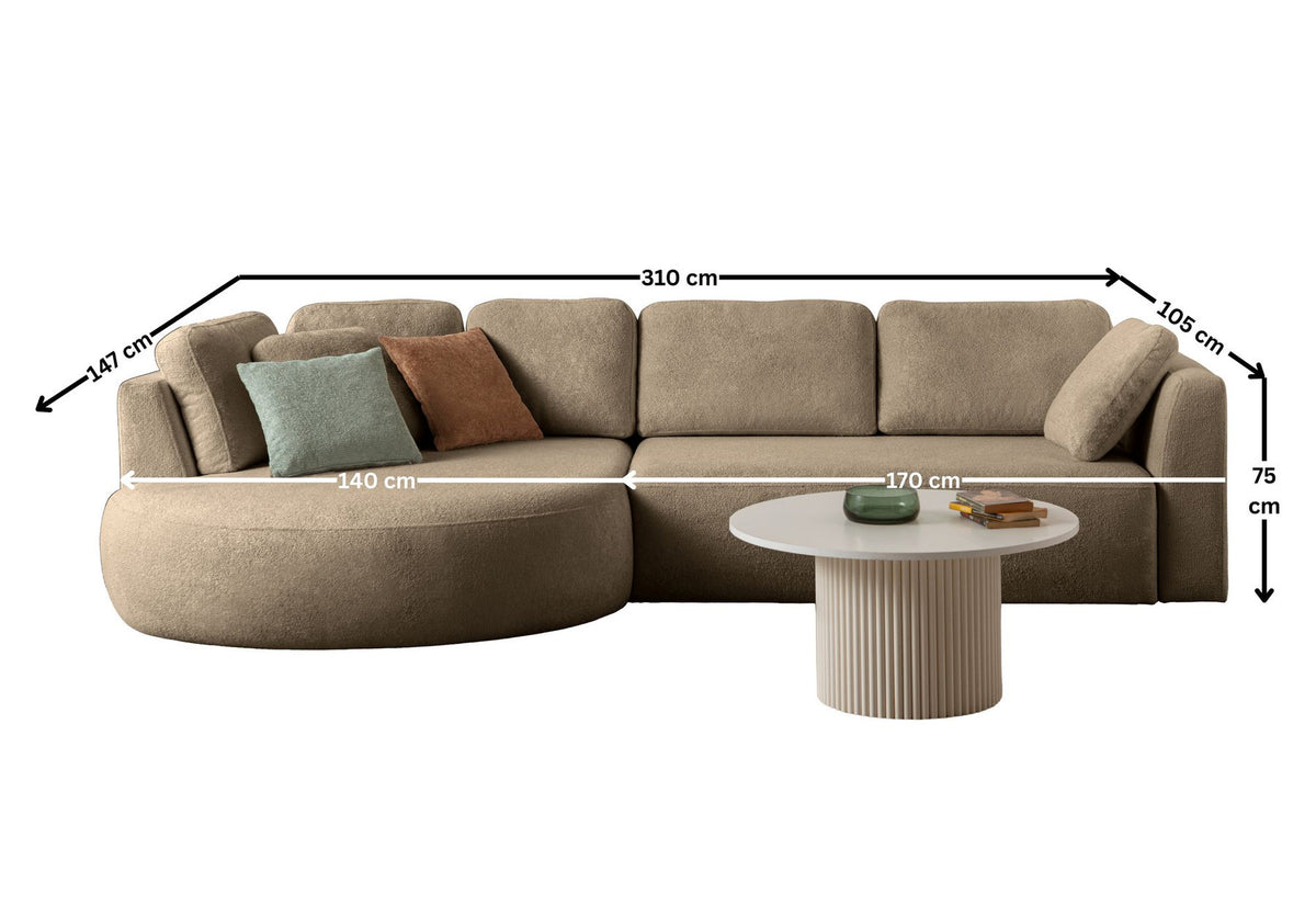 Braunes Ecksofa Venezia von Hanah Home mit Polyesterbezug, Hainbuchen-Gestell, sichtbaren Kunststoffbeinen und neun losen Kissen im Lounge-Modul.