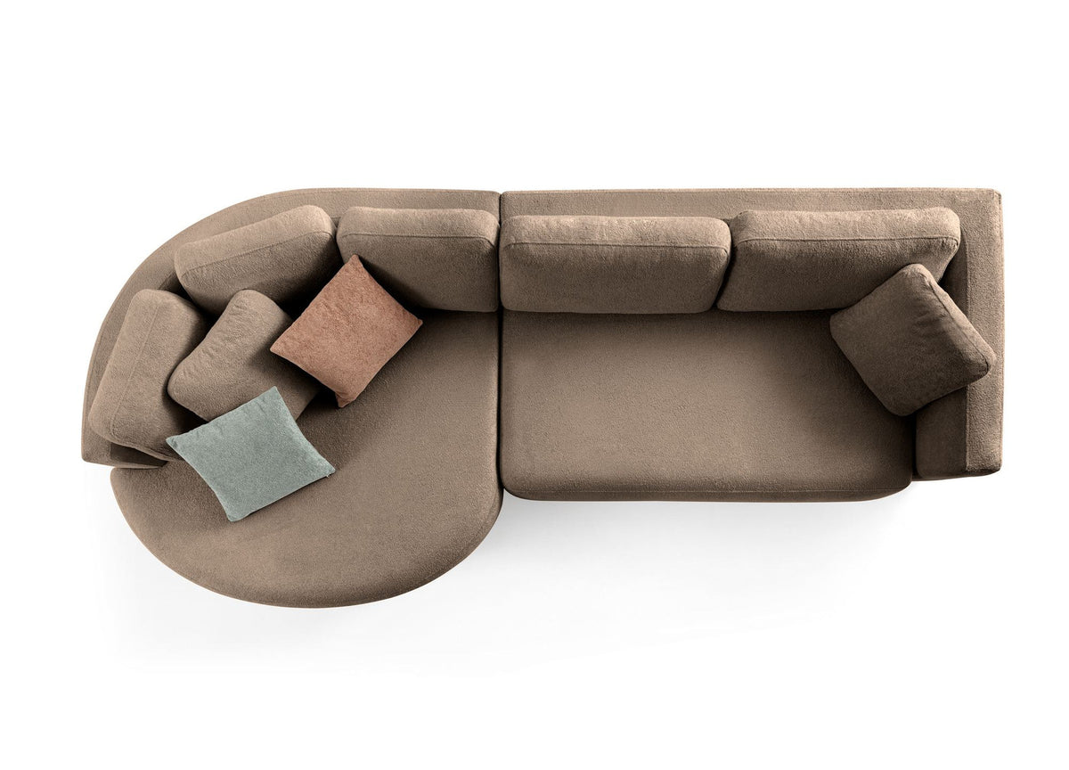 Dunkelbraunes Ecksofa Venezia mit Polyesterstoff, Kunststoffbeinen und neun Kissen, Eckform links, Loungemodul und 2-Sitzer-Modul kombiniert.