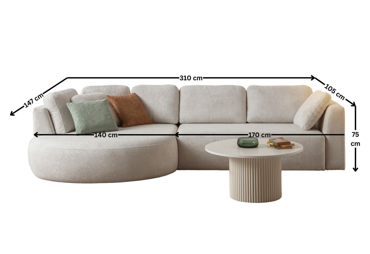 Weisses Ecksofa Venezia von Hanah Home mit Polyesterbezug, Kunststoffbeinen und abnehmbarem Rückenkissen, Eckmodul links.