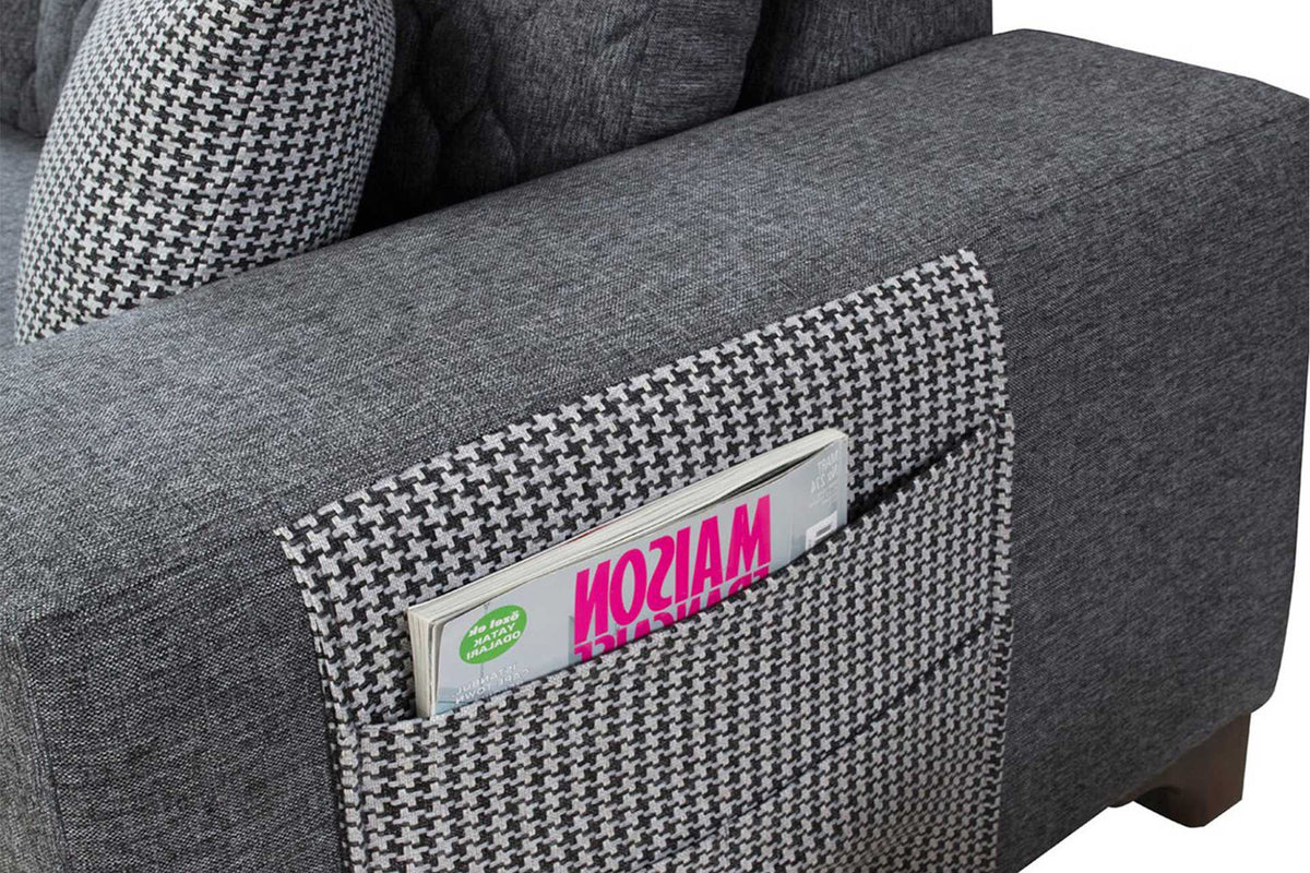Graues Eckschlafsofa mit Leinenstruktur-Polyesterbezug, Holzgestell und Kunststoffbeinen, inklusive acht Kissen und abnehmbarem Rückenkissen.