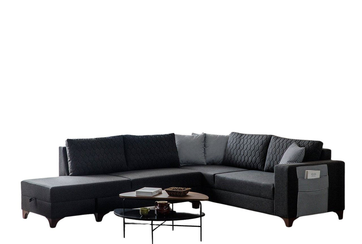 Eckschlafsofa links in Anthrazit von Hanah Home mit Leinenstruktur-Bezug, Kunststoffbeinen und acht Kissen im Wohnraum.