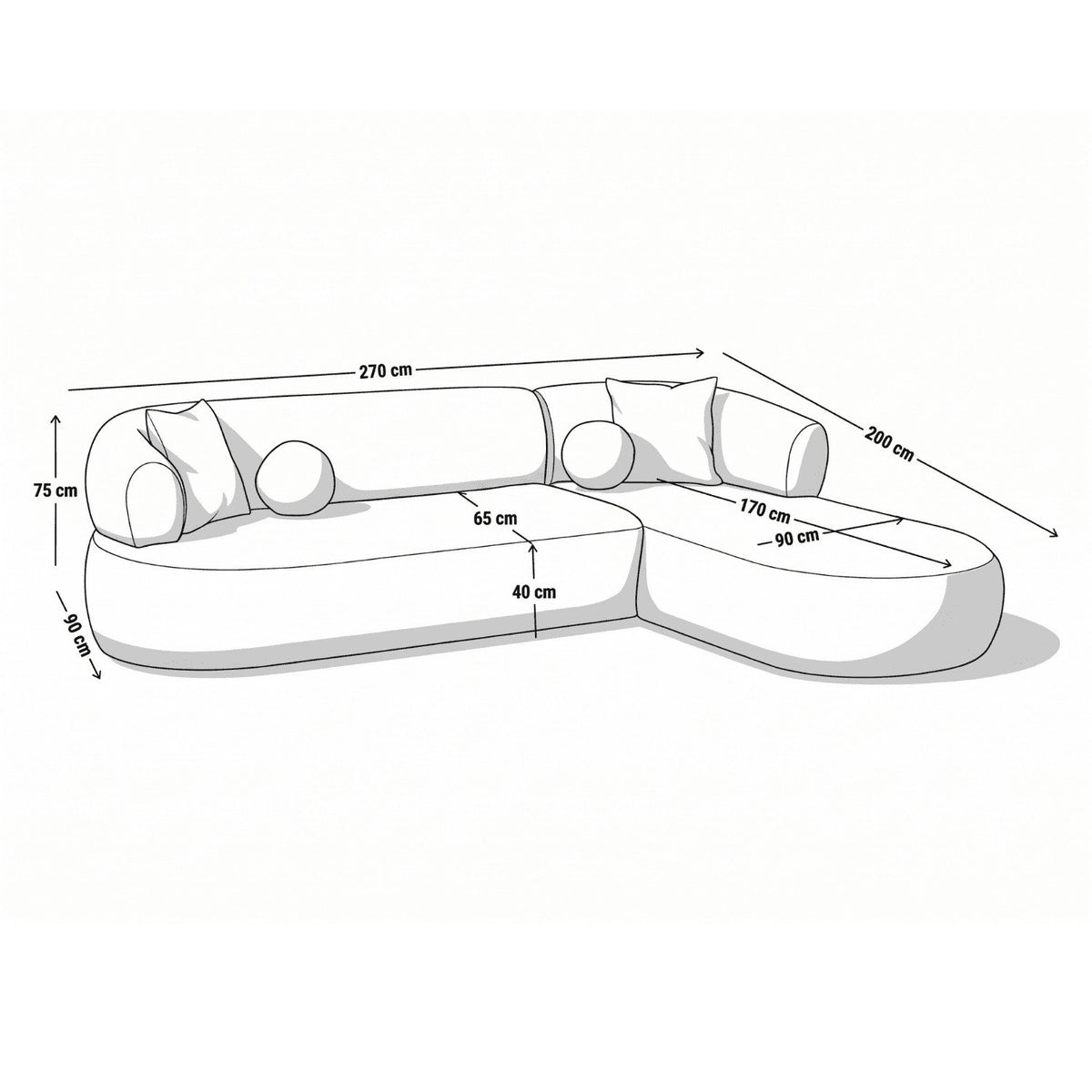 Ecksofa rechts in Mink mit Bouclé-Stoffbezug, Holzgestell und Kunststoffbeinen, inklusive vier Zierkissen, im Wohnzimmer platziert