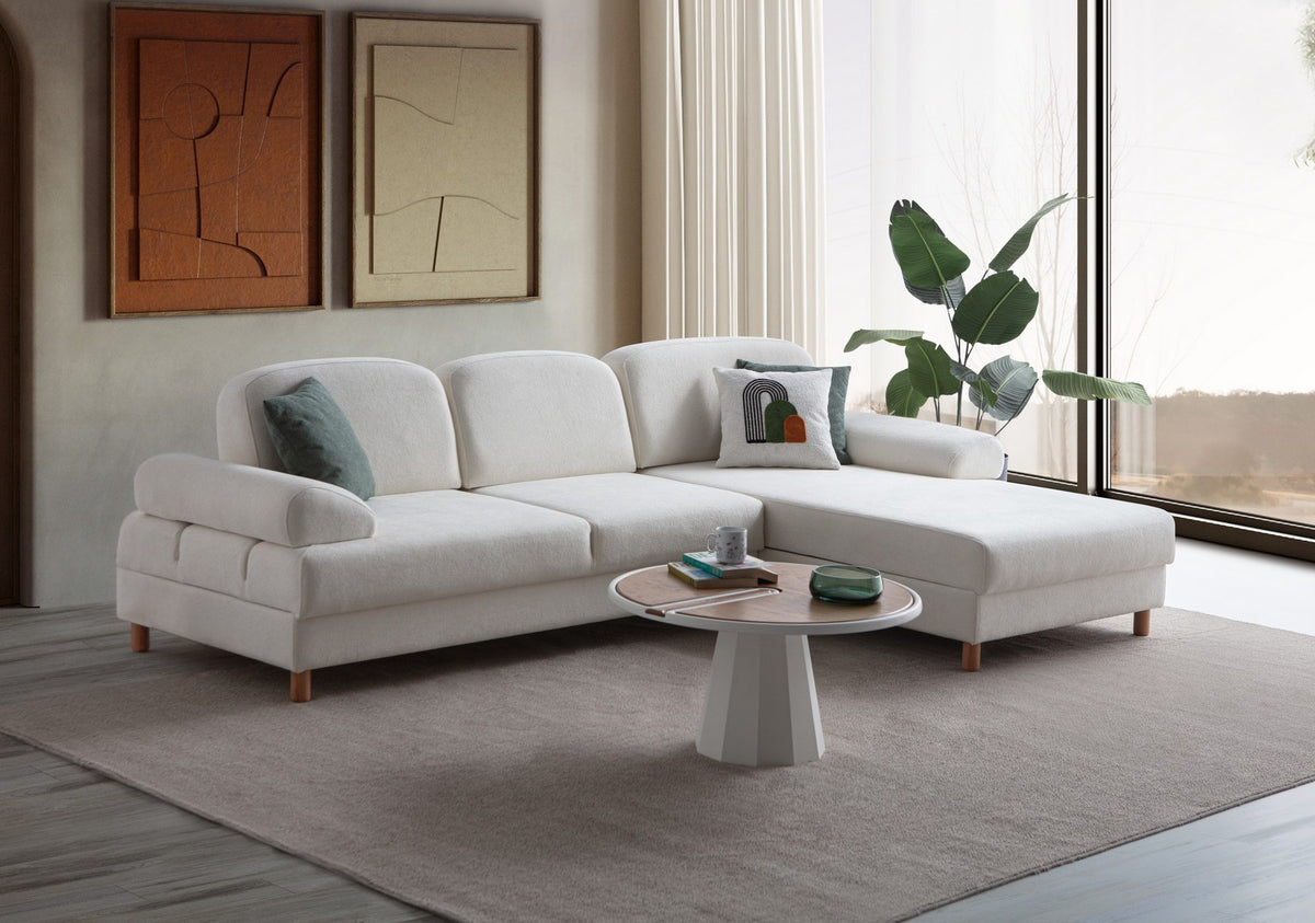 Weisses Eck-Schlafsofa Aries mit Coco-Boucle-Stoff, Holzbeinen und verstellbarer Rückenlehne, rechte Ausführung, Hanah Home.