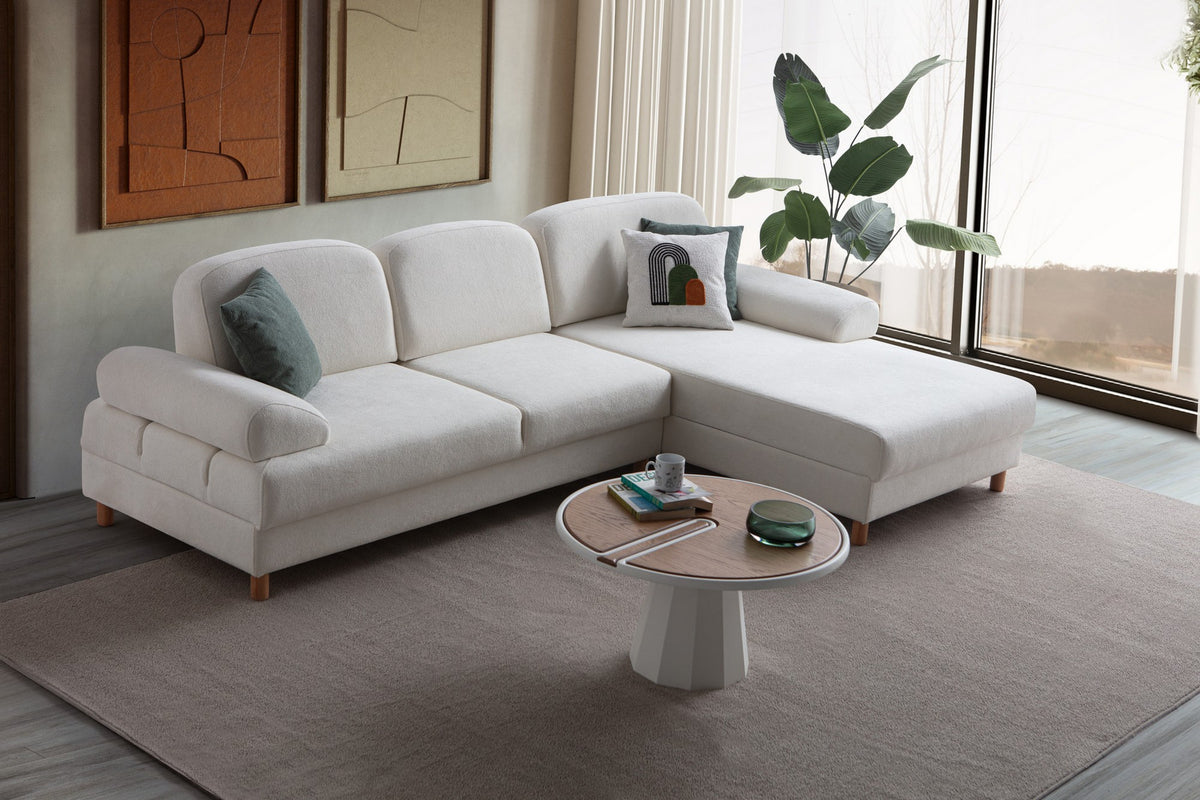 Weisses Eck-Schlafsofa Aries mit Coco-Boucle-Stoff, Holzbeinen und verstellbarer Rückenlehne, rechte Ausführung, Hanah Home.