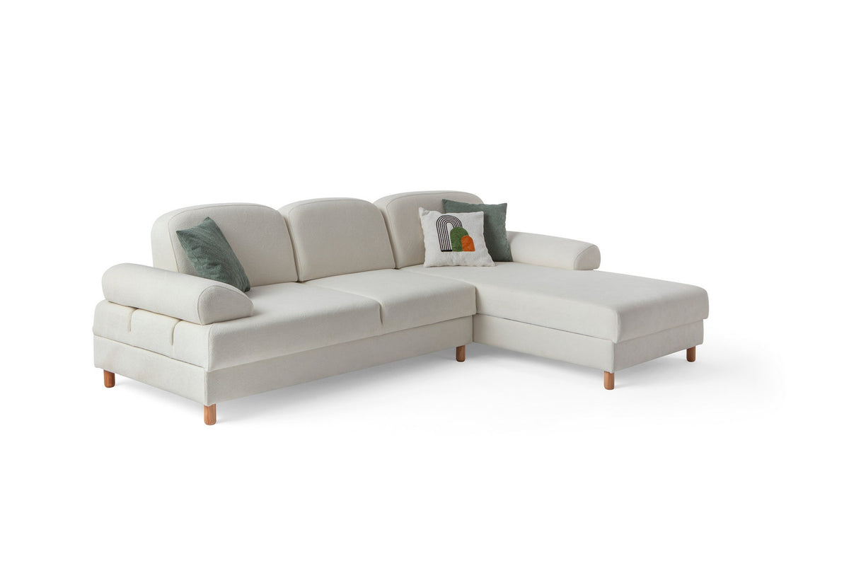 Weisses Eck-Schlafsofa Aries mit Coco-Boucle-Stoff, Holzbeinen und verstellbarer Rückenlehne, rechte Ausführung, Hanah Home.
