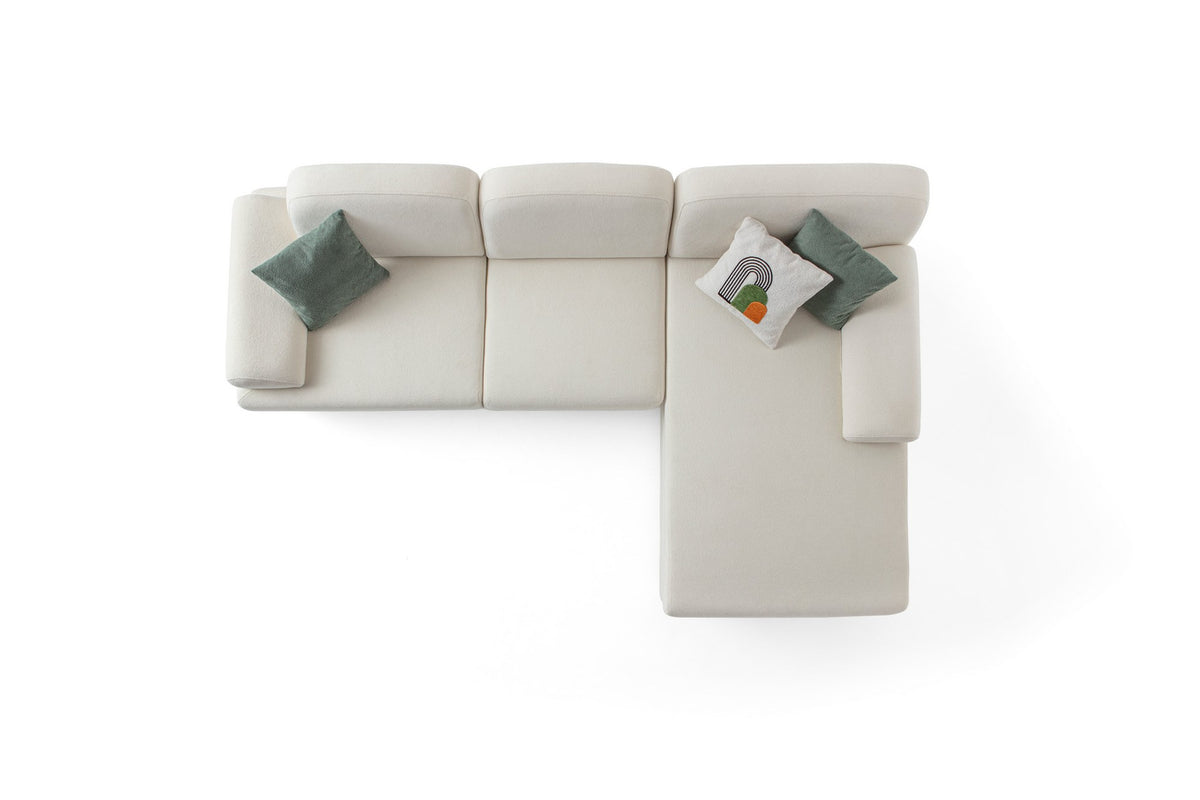 Weisses Eck-Schlafsofa Aries mit Coco-Boucle-Stoff, Holzbeinen und verstellbarer Rückenlehne, rechte Ausführung, Hanah Home.