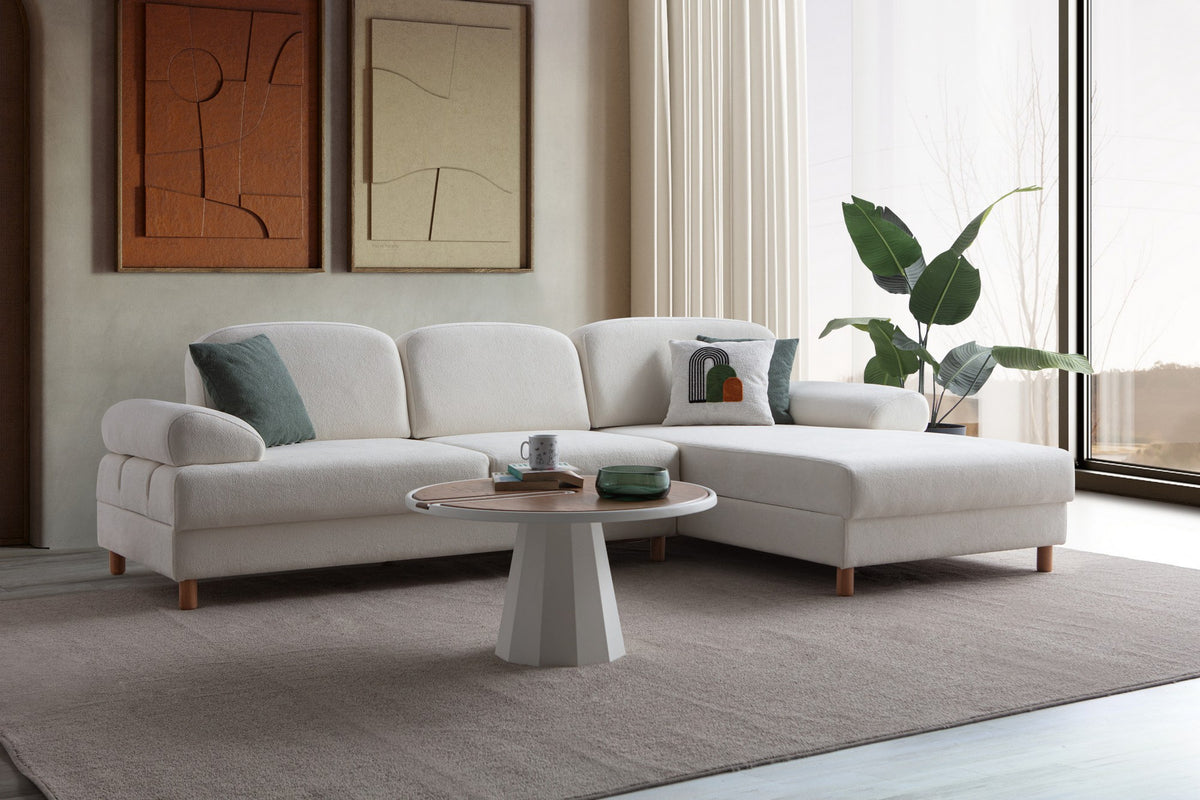 Weisses Eck-Schlafsofa Aries mit Coco-Boucle-Stoff, Holzbeinen und verstellbarer Rückenlehne, rechte Ausführung, Hanah Home.