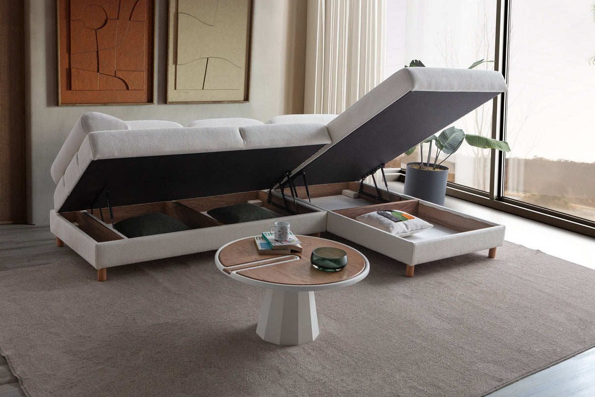 Weisses Eck-Schlafsofa Aries mit Coco-Boucle-Stoff, Holzbeinen und verstellbarer Rückenlehne, rechte Ausführung, Hanah Home.