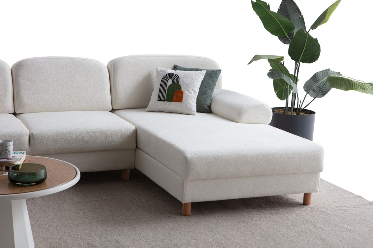 Weisses Eck-Schlafsofa Aries mit Coco-Boucle-Stoff, Holzbeinen und verstellbarer Rückenlehne, rechte Ausführung, Hanah Home.